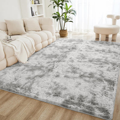 Light Grey Fluffy Rug for Living Room - Shaggy Tie Dye