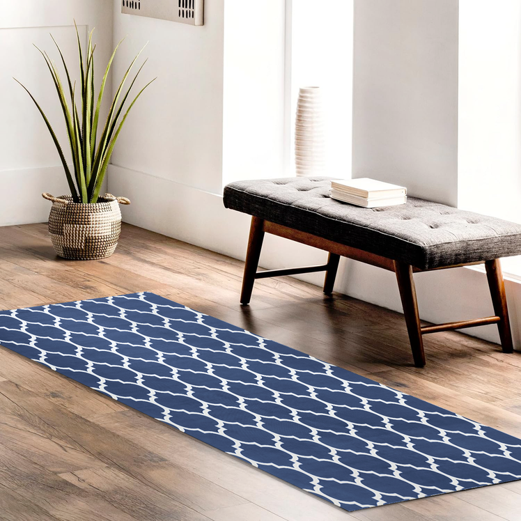 Navy Large Runner Rugs Lattice Printed