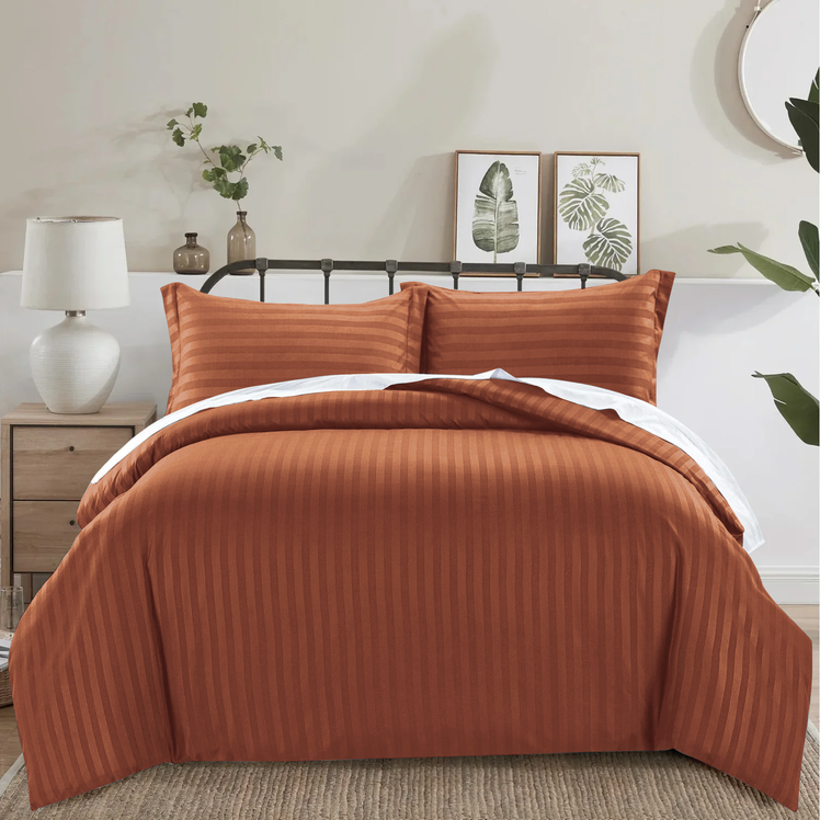 Rust Striped Bedding Duvet Cover Set