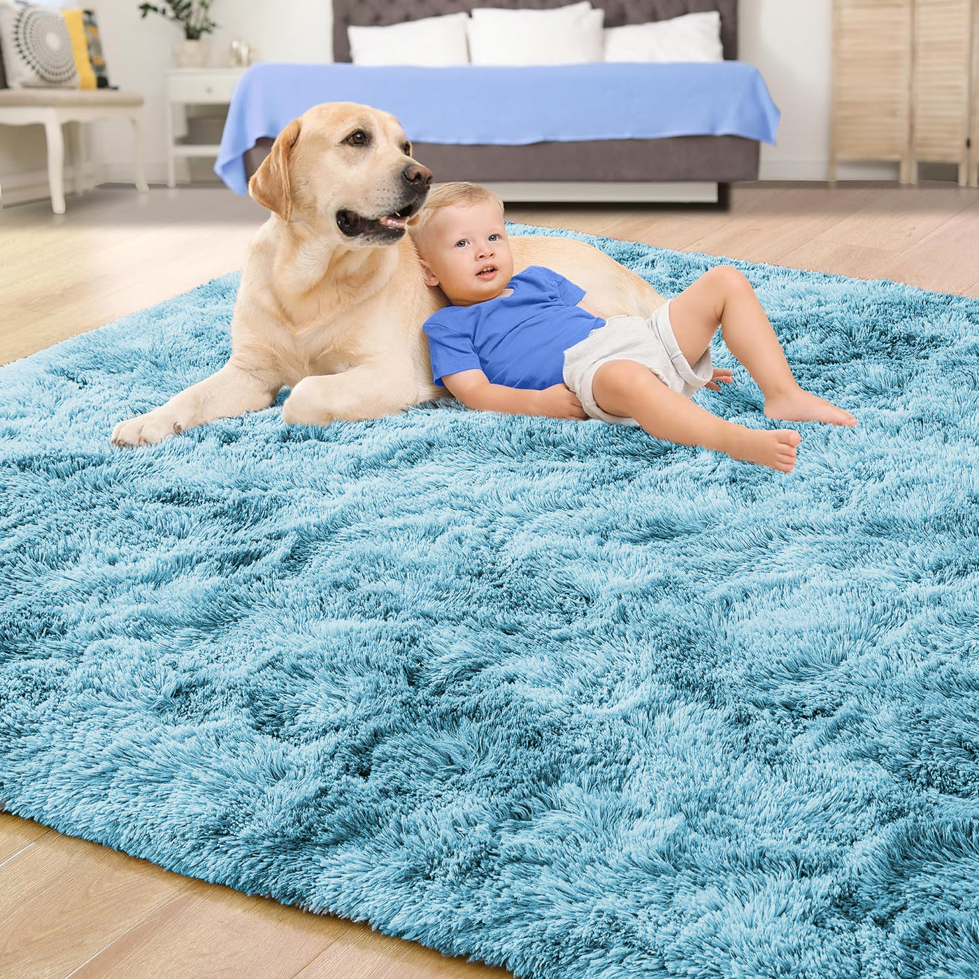 Teal Fluffy Rug - Shaggy Fur Tie Dye