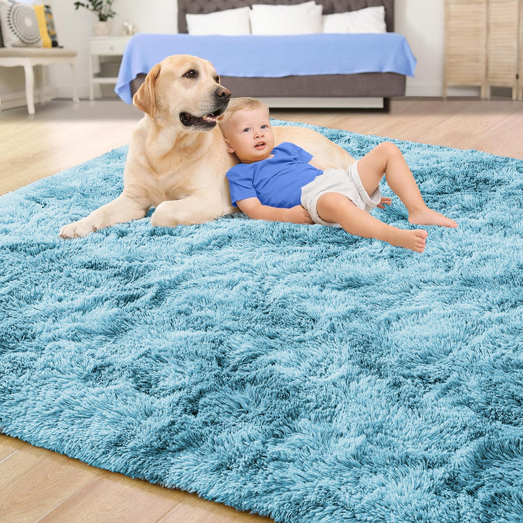 Teal Fluffy Rug - Shaggy Fur Tie Dye