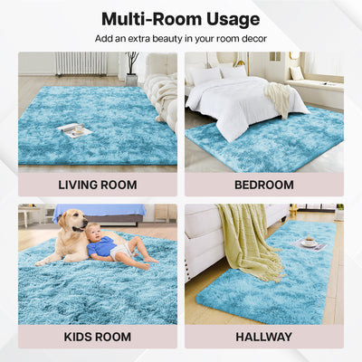 Teal Fluffy Rug - Shaggy Fur Tie Dye
