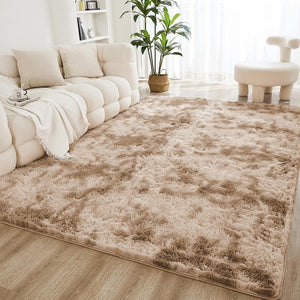 Large Beige Rug - Shaggy Fur Tie Dye