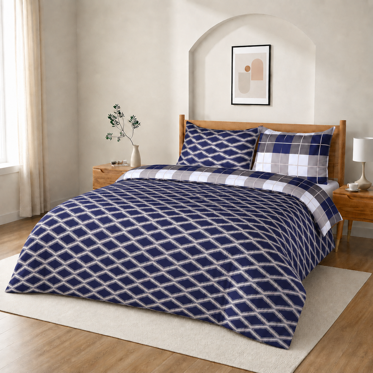 Navy Check Printed Duvet Cover