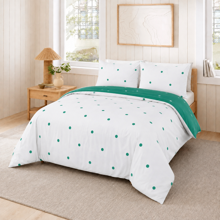 Green & White Duvet Cover Polka Dot Printed