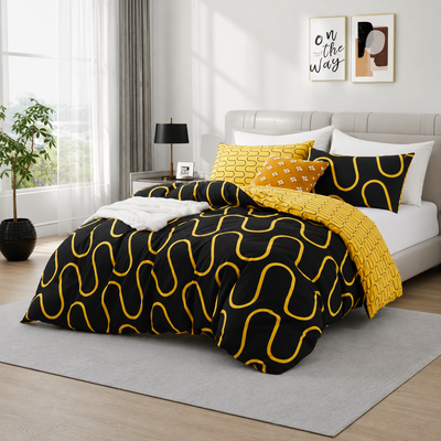 Black & Ochre Duvet Cover Waves Printed