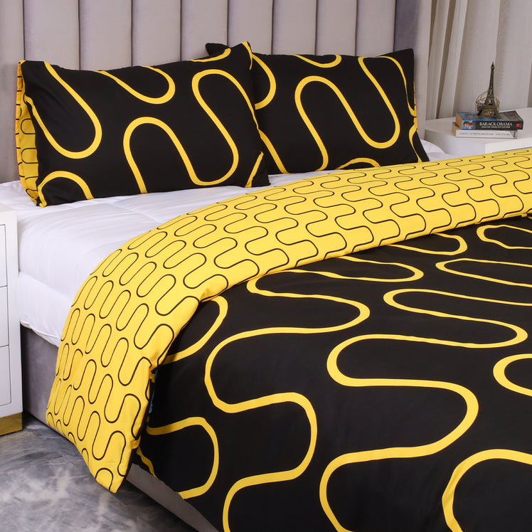 Black & Ochre Duvet Cover Waves Printed