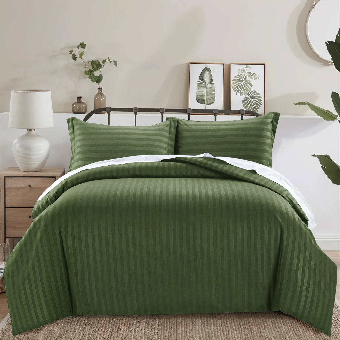 Olive Green Duvet Cover Striped Pattern Bedding Set