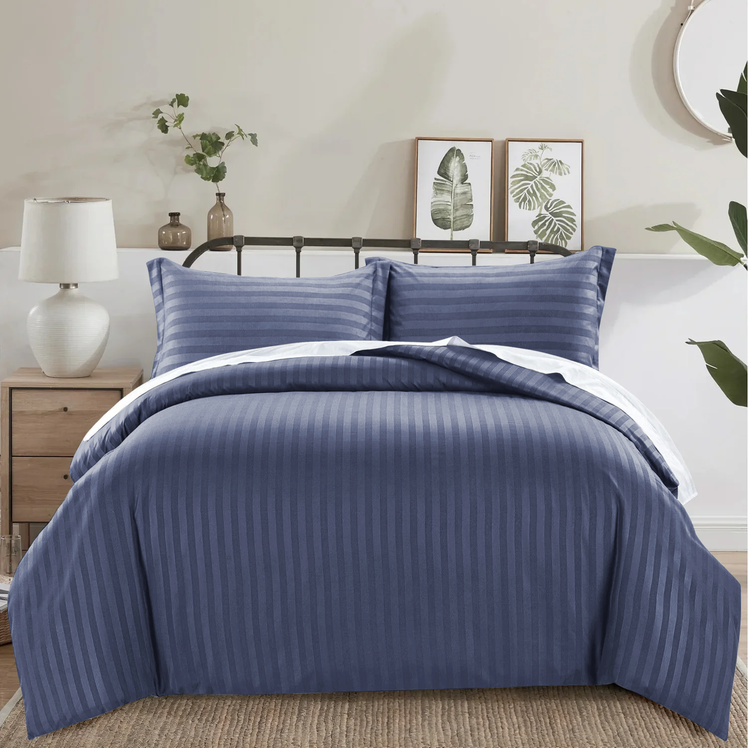 Washed Blue Duvet Cover Striped Pattern Bedding Set