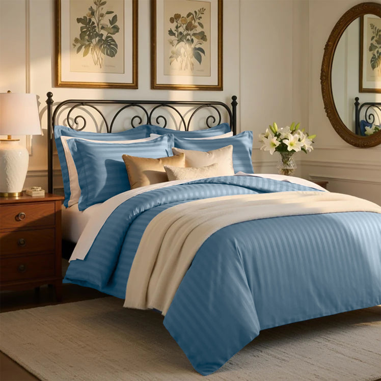 Washed Blue Striped Bedding Duvet Cover Set
