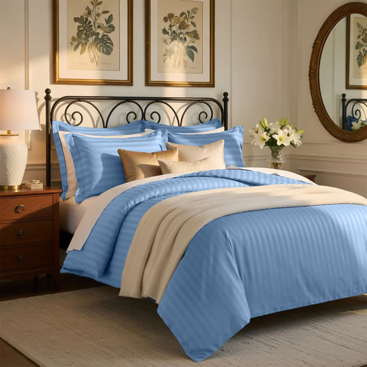 Washed Blue Striped Bedding Duvet Cover Set