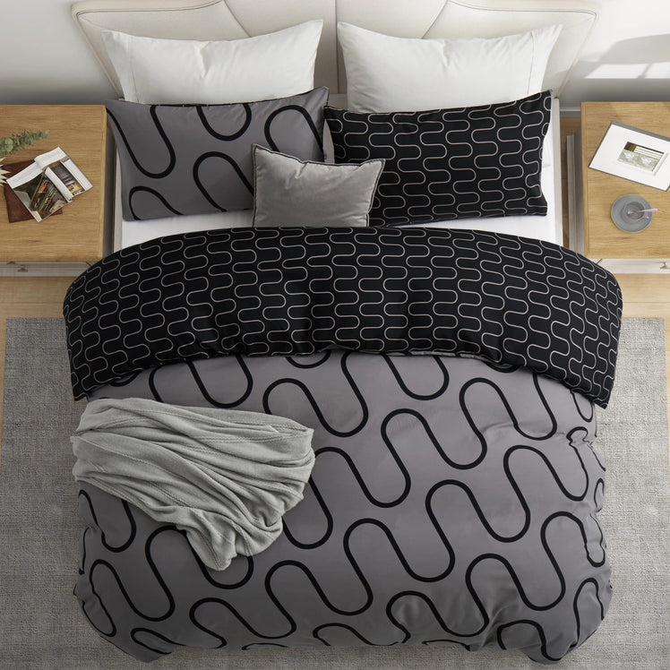 Grey & Black Duvet Cover Waves Printed