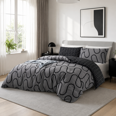 Grey & Black Duvet Cover Waves Printed